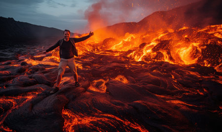 A man standing on top of a lava covered groundの素材
