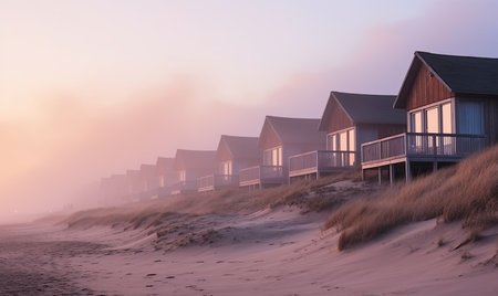 A row of houses sitting on top of a sandy beachの素材