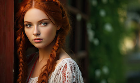 A woman with long red hair and a braidの素材