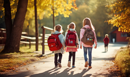 A group of young girls walking down a roadの素材