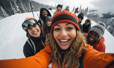 A group of people taking a selfie in the snowの素材