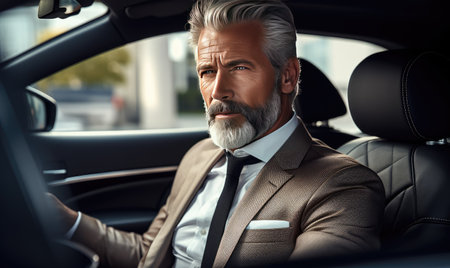 A man in a suit and tie sitting in a carの素材