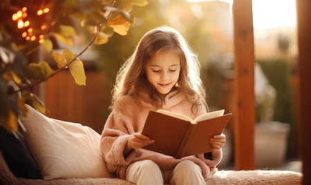 A little girl sitting on a couch reading a bookの素材