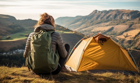 A woman sitting next to a tent on top of a mountainの素材