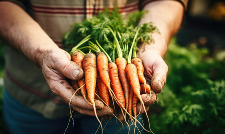 A person holding a bunch of carrots in their handsの素材