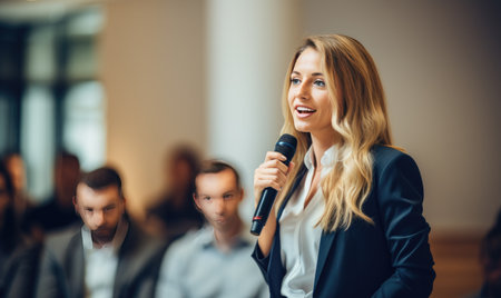 A woman speaking into a microphone in front of a group of peopleの素材
