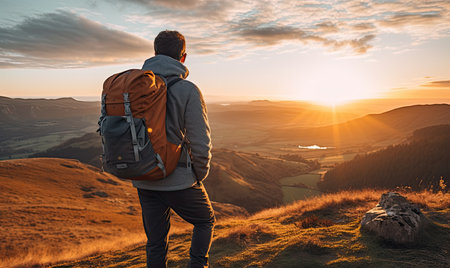 A man standing on top of a hill with a backpackの素材