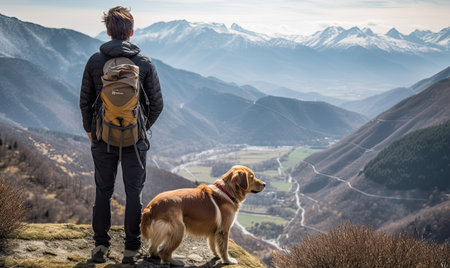A man standing on top of a mountain with a dogの素材