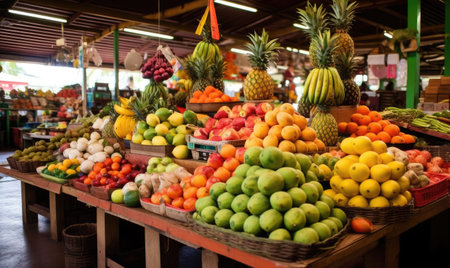 A fruit stand filled with lots of different types of fruitsの素材