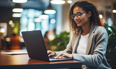 A woman sitting at a table using a laptop computerの素材