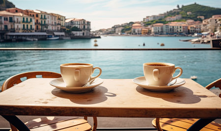 Two cups of coffee sit on a table overlooking a body of waterの素材