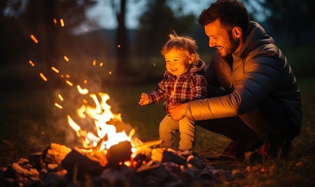 A man and a little girl sitting in front of a campfireの素材