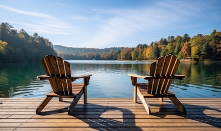 Two wooden chairs sitting on a wooden dock next to a lakeの素材