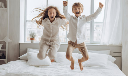 Two Excited Children Jumping on a Bed in a Vibrant Bedroomの素材