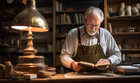 An Old Man Immersed in the Pages of Knowledge in a Serene Library Settingの素材