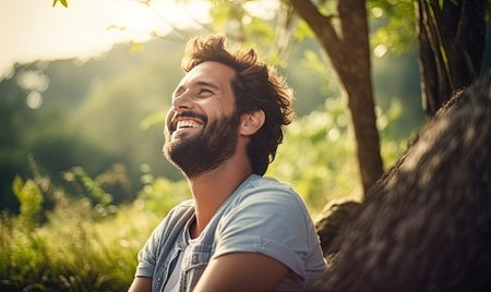 A Moment of Solitude: A Man Contemplating Nature's Beauty and Finding Peaceの素材