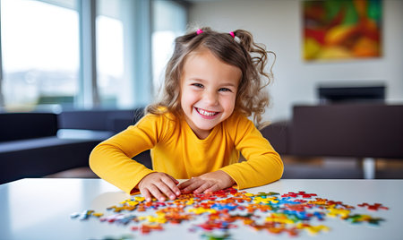 A Curious Little Girl Engaged in a Colorful Puzzle Challengeの素材