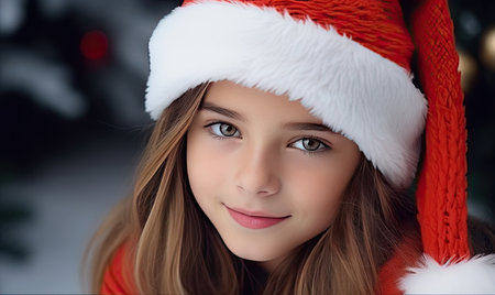 A young girl wearing a santa hatの素材