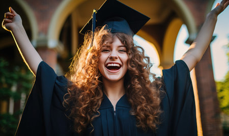 A woman wearing a graduation gown and holding her arms in the airの素材