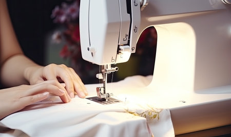 A close up of a person sewing on a sewing machineの素材