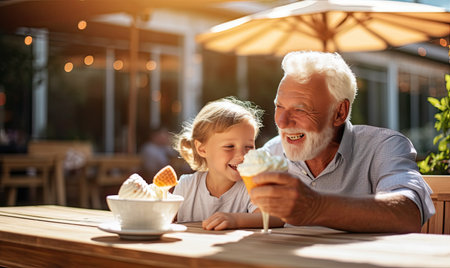 An older man and a young girl eating ice creamの素材