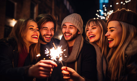 Foto de A group of people standing around each other holding sparklers - Imagen libre de derechos