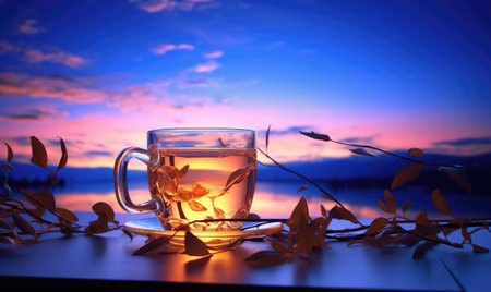 A cup of tea sitting on top of a tableの素材