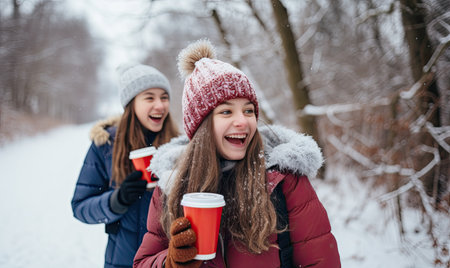 Two girls walking in the snow with cups of coffeeの素材