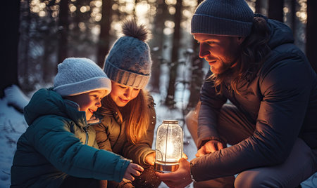 A man and two children are looking at a lantern in the snowの素材