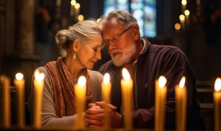 A man and woman looking at a lit candleの素材