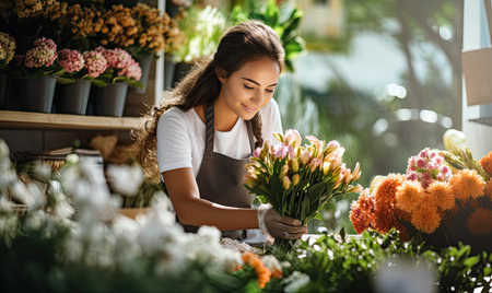 A woman arranging flowers in a flower shopの素材