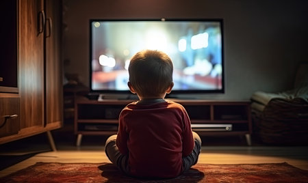 A little boy sitting on the floor watching tvの素材