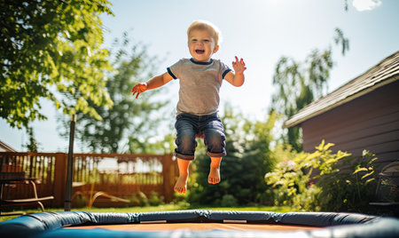 A young boy jumping on a trampoline in a backyardの素材