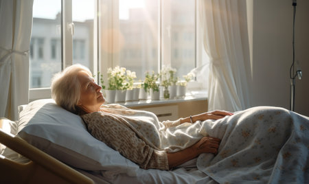A woman laying in a hospital bed looking out the windowの素材