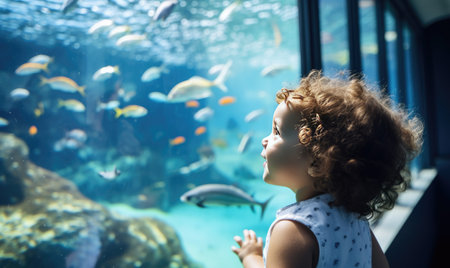 A little girl looking at fish in an aquariumの素材
