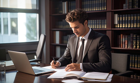 A man in a suit sitting at a desk in front of a laptopの素材
