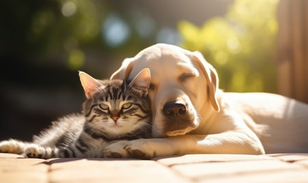 A cat and a dog laying next to each otherの素材