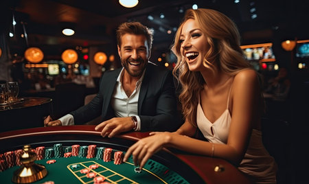 A man and a woman sitting at a casino tableの素材