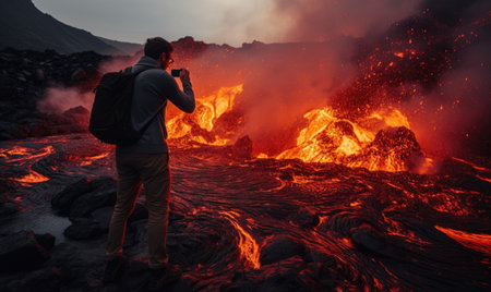A man taking a picture of a lava flowの素材