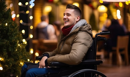 A man in a wheel chair smiles at the cameraの素材