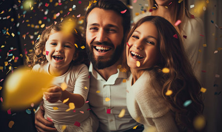 A family celebrating with confetti and confettiの素材
