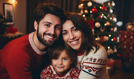A man and woman pose for a picture with a childの素材