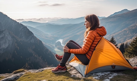 A woman sitting on top of a mountain next to a tentの素材
