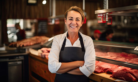 A woman in an apron standing in front of meatの素材