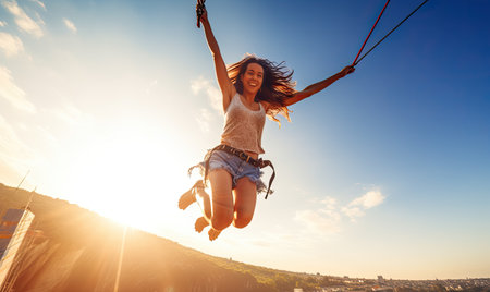 A woman flying through the air while riding a zip lineの素材