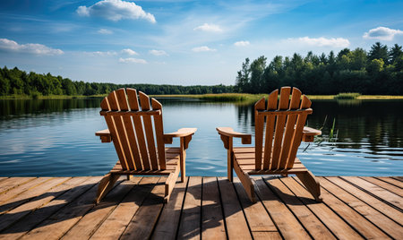 A couple of chairs sitting on top of a wooden dockの素材