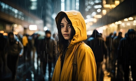 A woman in a yellow raincoat standing in the rainの素材