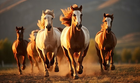 Majestic Horses Galloping Through a Serene Meadowの素材