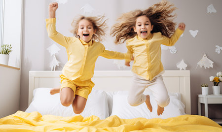 Two Excited Children Jumping on a Bed in a Vibrant Bedroomの素材