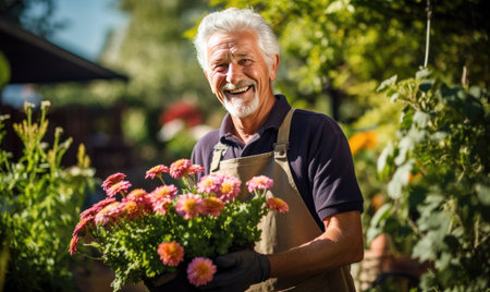 A Hardworking Gardener Tending to His Plants and Flowers in the Sunshineの素材